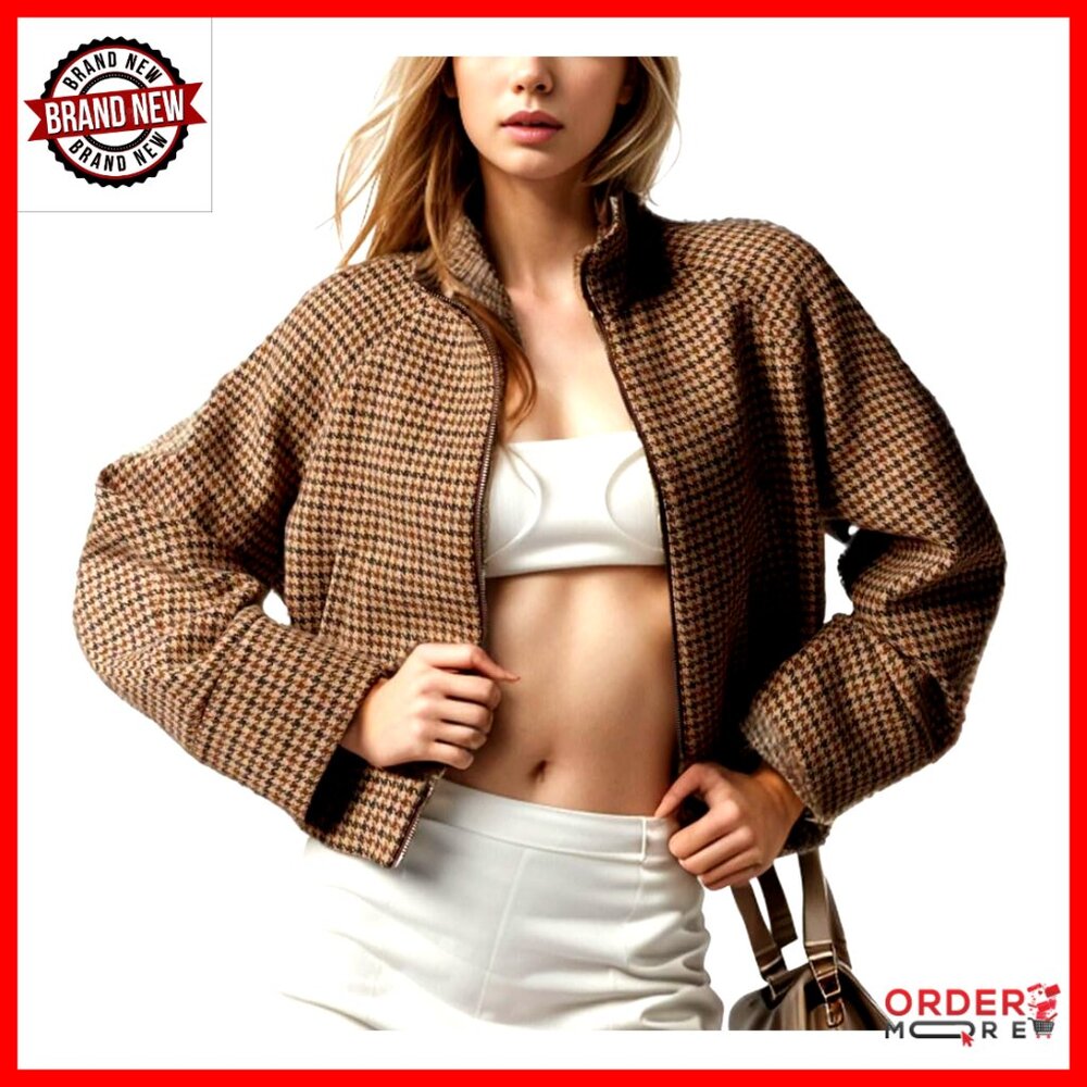 Wool Blend Cropped Bomber Jacket Regular Fit Houn… - image 1